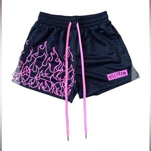 Kill Crew Muay Thai Flame Shorts Mid Thigh Cut Black With Hot Pink Lettering